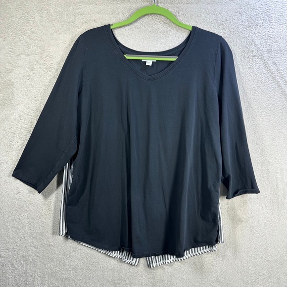 J. Jill Tops - J. Jill Womens Black Striped Mixed Media Button Back V-Neck Top Large Petite